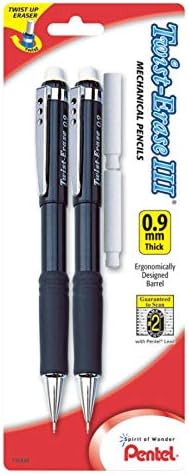 Pentel Twist-Erase III Mechanical Pencil, (0.9mm), Assorted Barrel Colors with 2 Eraser Refills, Pack of 2 (QE519BP2-K6)