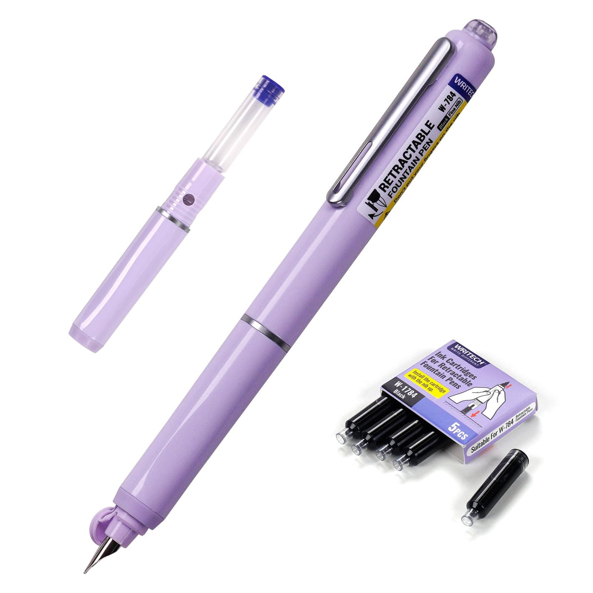 WRITECH Retractable Fountain Pen Set: Fine Nib Black Ink Pens Includes 5 Ink Cartridges Smooth Writing for Sketching Journaling Calligraphy Gift (Black)
