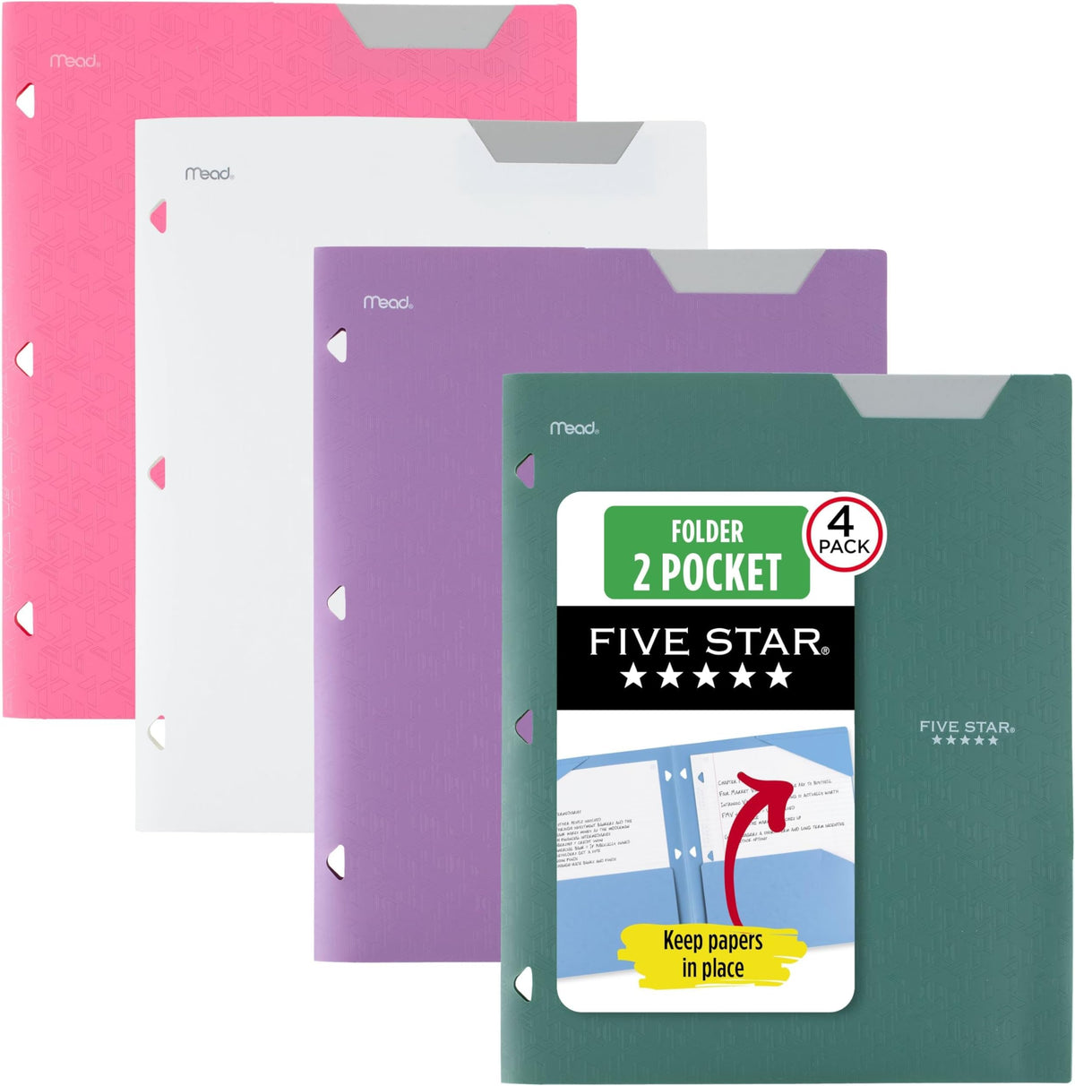 Five Star 2-Pocket Plastic Folder with Stay-Put Tabs, Fits 3-Ring Binder, Holds 8.5" x 11" Paper, Assorted Colors, 4 Pack (333420A)