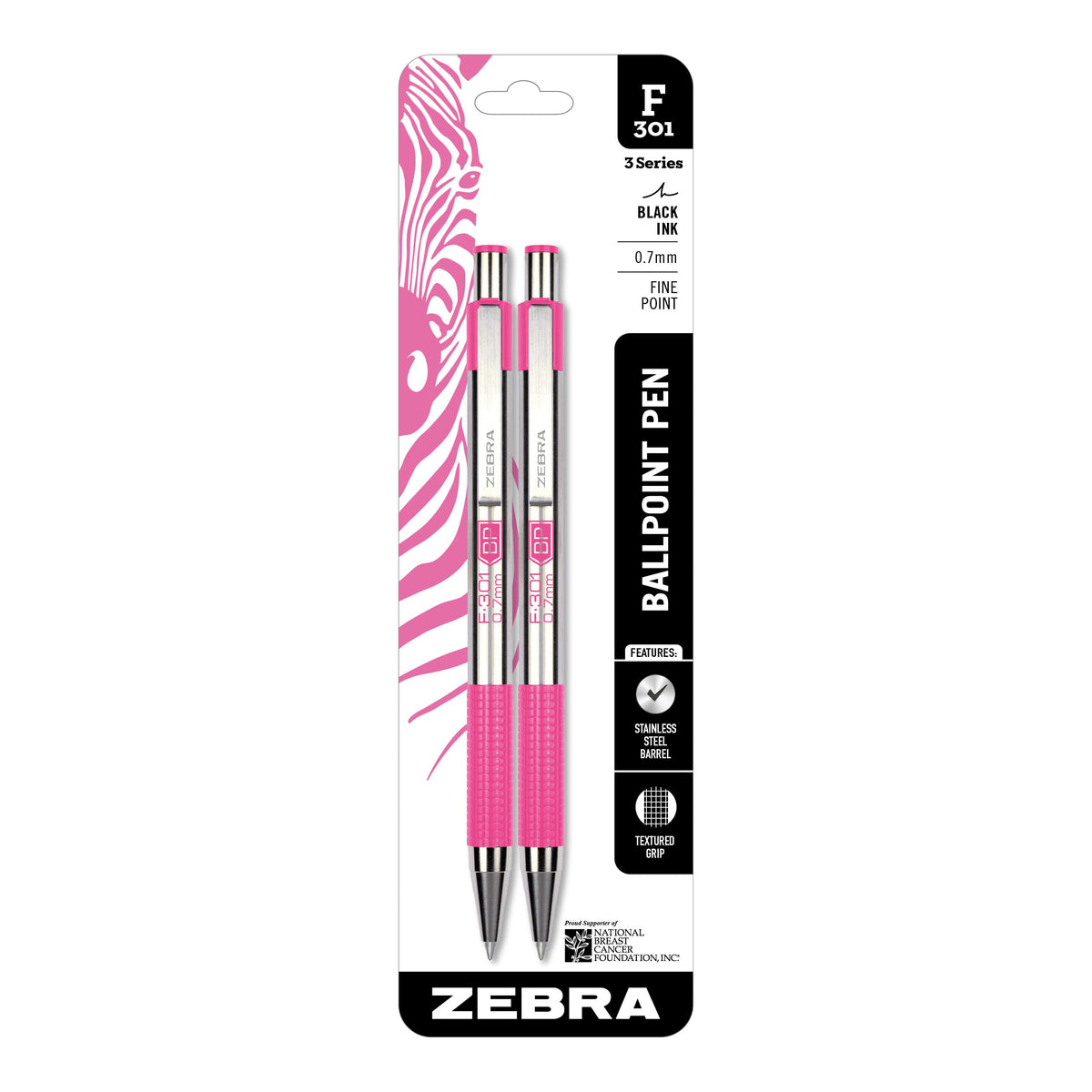 Zebra Pen STEEL F-301 Ballpoint Pen, Black, Blue, Red, Green, 0.7mm, 4-Pack