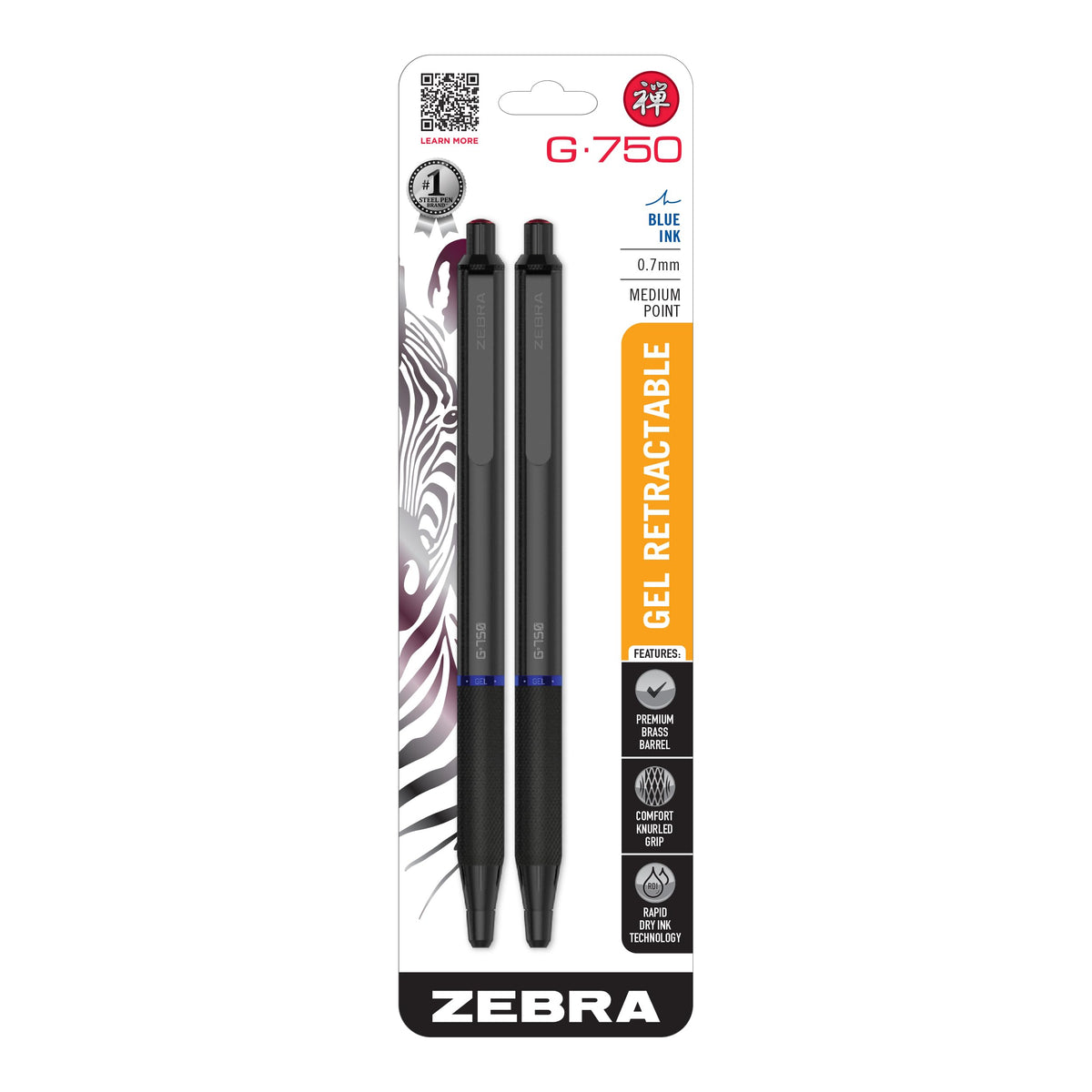 Zebra Pen G-750 Black Brass Retractable Gel Pen, Black Ink, 0.7mm, 1-Pack