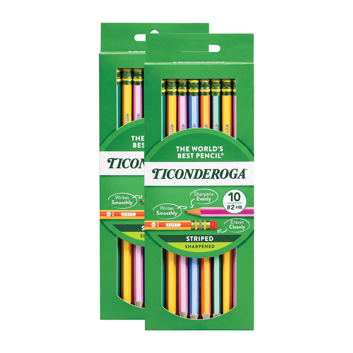 Ticonderoga X13910 Striped Wood-Cased Pencils, 2 HB Soft, Pre-Sharpened, 10 Count, Assorted Colors