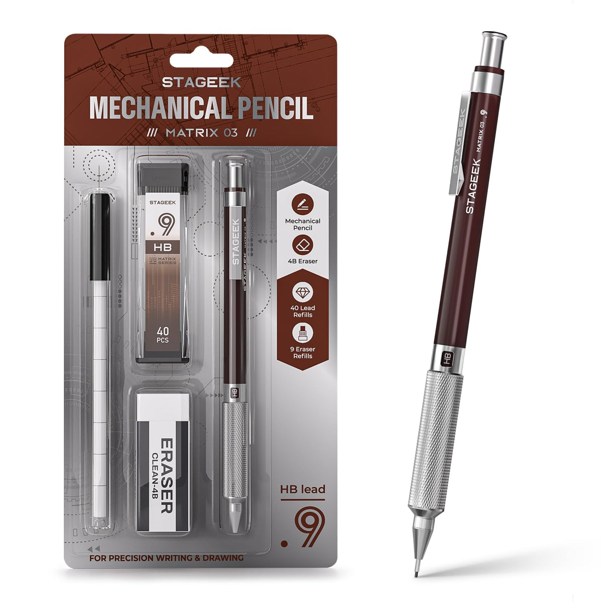 STAGEEK 0.5mm Mechanical Pencil, Drawing Pencil, with Eraser, 60 HB Leads