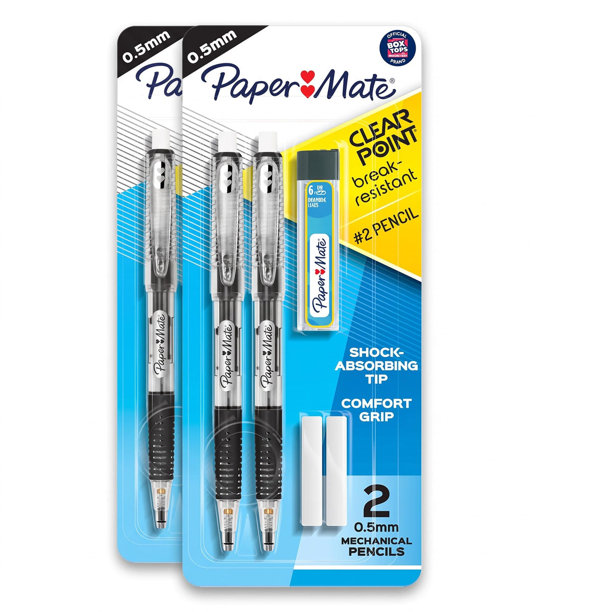 Paper Mate Clearpoint Mechanical Pencils, 0.5mm Break-Resistant HB #2 Lead, Eraser Refills, 2 Count