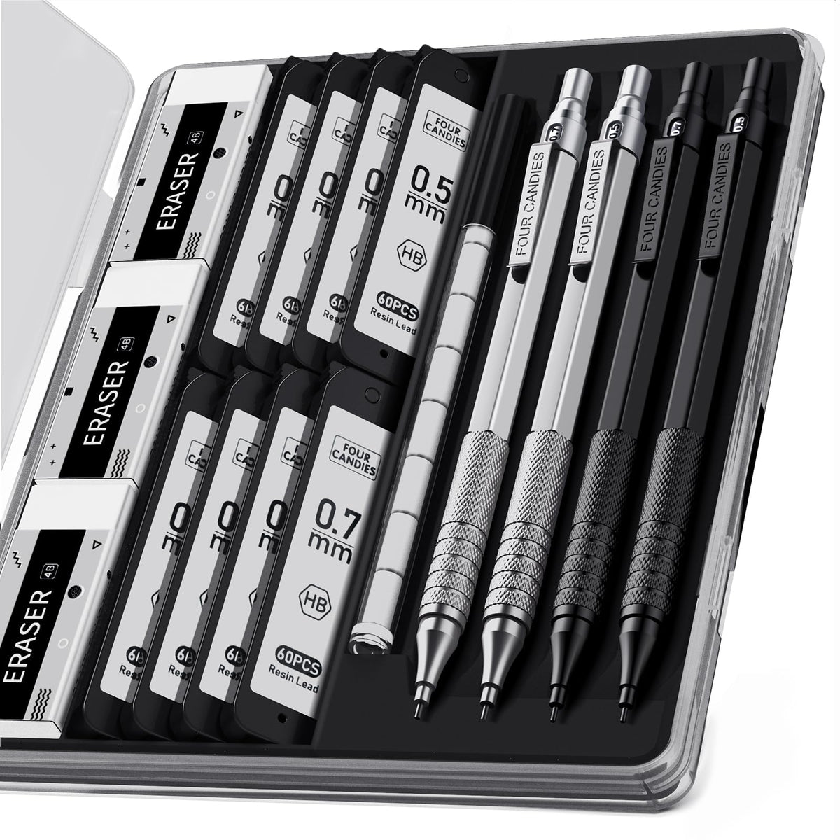 4PCS Metal Mechanical Pencil Set, 0.5mm+0.7mm, Storage Case, Black&Silver