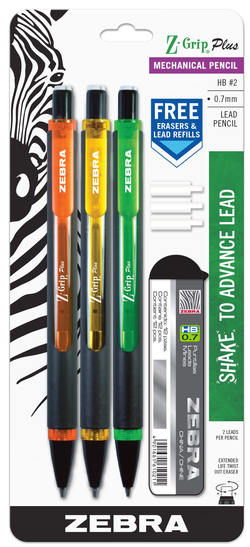 Zebra Pen Z-Grip Plus Mechanical Pencil, 0.7mm #2, Assorted Barrels, 3-Pk