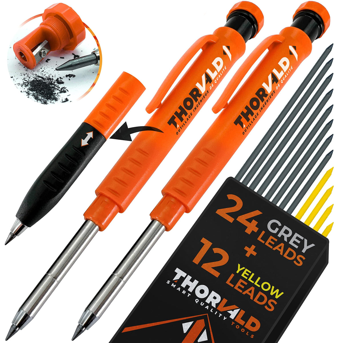 THORVALD New 3-in-1 Carpenter Pencils with Finger Grip for Construction - Incl. 7 Leads + Sharpener - Solid Mechanical Pencils with Fine Point/Best Marking tools Construction/Carpenters/Scriber