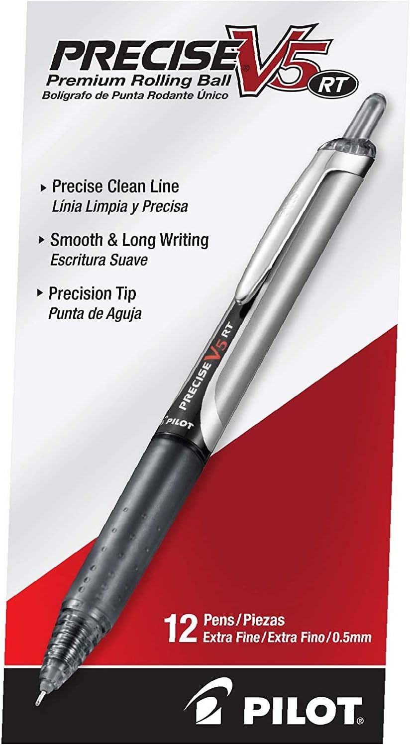 PILOT Precise V5 RT Retractable Rollerball Pens, 0.5mm, Black, 12-Pack