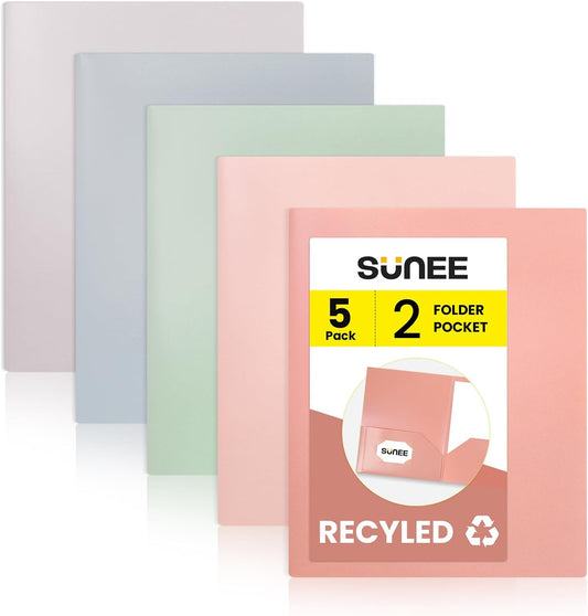 SUNEE Folders with Pockets, 5 Pack Recycled File Folders Fit 8.5x11 Letter Size Paper, Pocket Folders for School, Plastic Folders with Pockets and Business, Vintage Colors