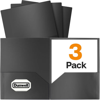 Dunwell Plastic 2-Pocket Folders, Black, 3 Pack, Heavy-Duty Poly
