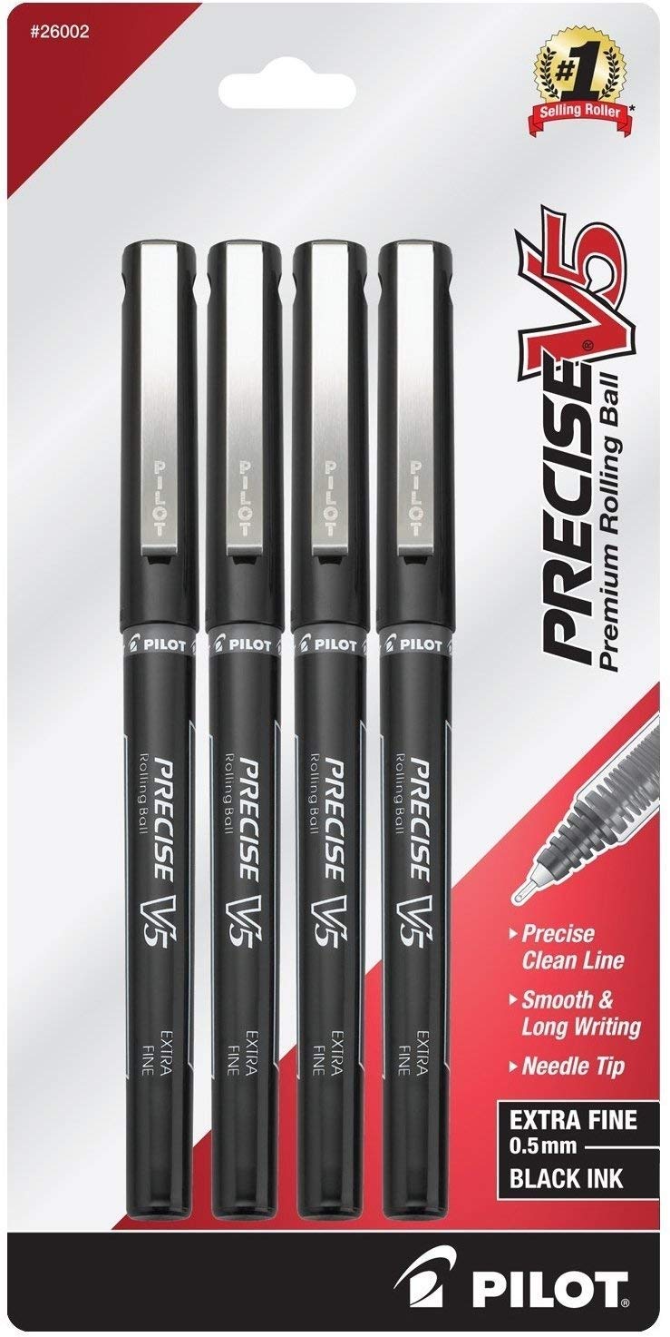 PILOT Precise V5 Stick Pens, Extra Fine Point 0.5mm, Black, 4-Pack