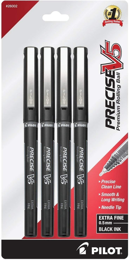 PILOT Precise V5 Stick Pens, Extra Fine Point 0.5mm, Black, 4-Pack
