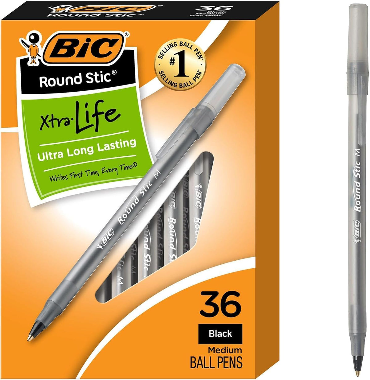 BIC Round Stic Xtra Life Black Ballpoint Pens, Medium Point, 36-Count
