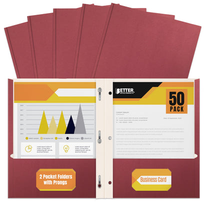 Better Office Products Plastic Folders, 50 Pack Red Paper Folders with Pockets & Folders with Prongs, Matte Texture, Letter Size, 3 Metal Prong Fastener Clips, Durable for Office, School, Filing