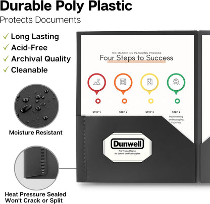 Dunwell Plastic 2-Pocket Folders, Black, 3 Pack, Heavy-Duty Poly
