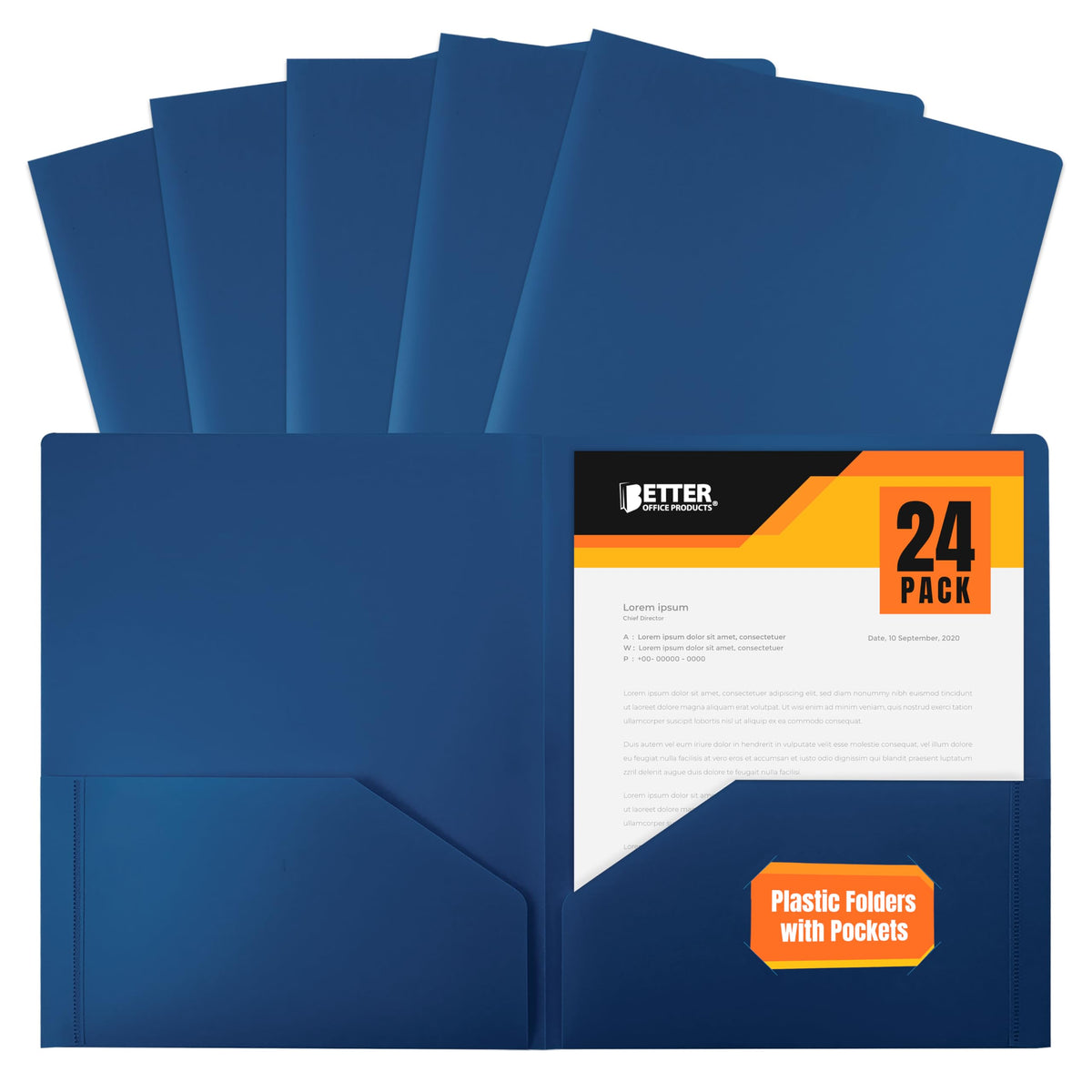 Better Office Products Heavyweight Plastic 2 Pocket Portfolio Folder, Letter Size Poly Folders 24 Pack (Black)