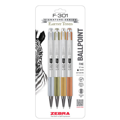 Zebra Pen STEEL F-301 Retractable Ballpoint Pen, Black Ink, 0.7mm, 2-Pack