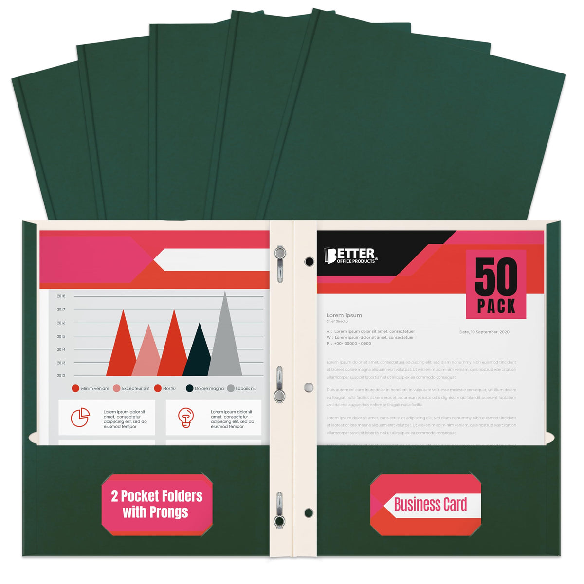 Better Office Products Plastic Folders, 50 Pack Red Paper Folders with Pockets & Folders with Prongs, Matte Texture, Letter Size, 3 Metal Prong Fastener Clips, Durable for Office, School, Filing