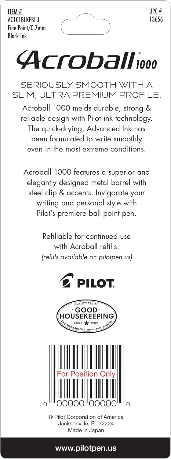 PILOT Acroball 1000 Ballpoint Pen, Blue Barrel, Black Ink, Single Pen