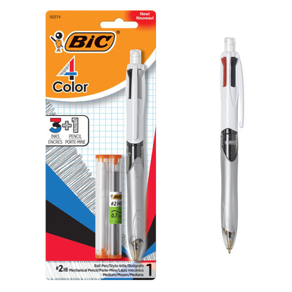 BIC 4-Color 3+1 Retractable Ballpoint Pen, 0.7 mm Pencil, 1 Count