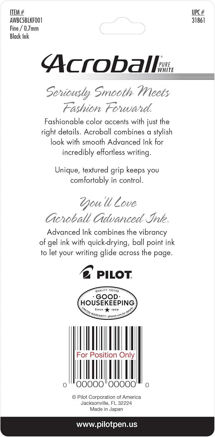PILOT Acroball PureWhite Advanced Ink Ball Point Pens, 0.7mm, 5-Pack