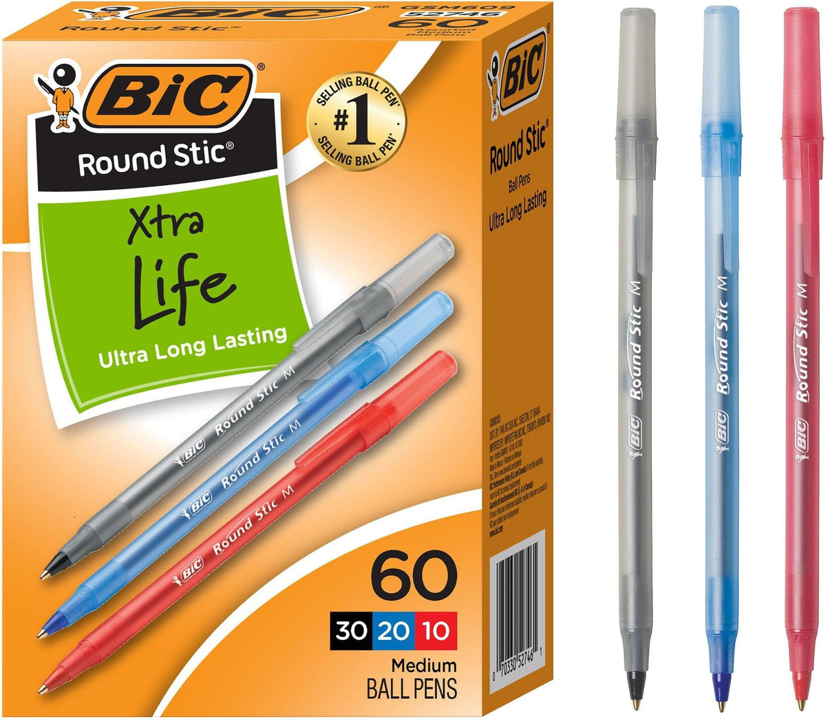 BIC Round Stic Xtra Life Ballpoint Pen, 1.0 mm Medium Point, Blue, 60-Count