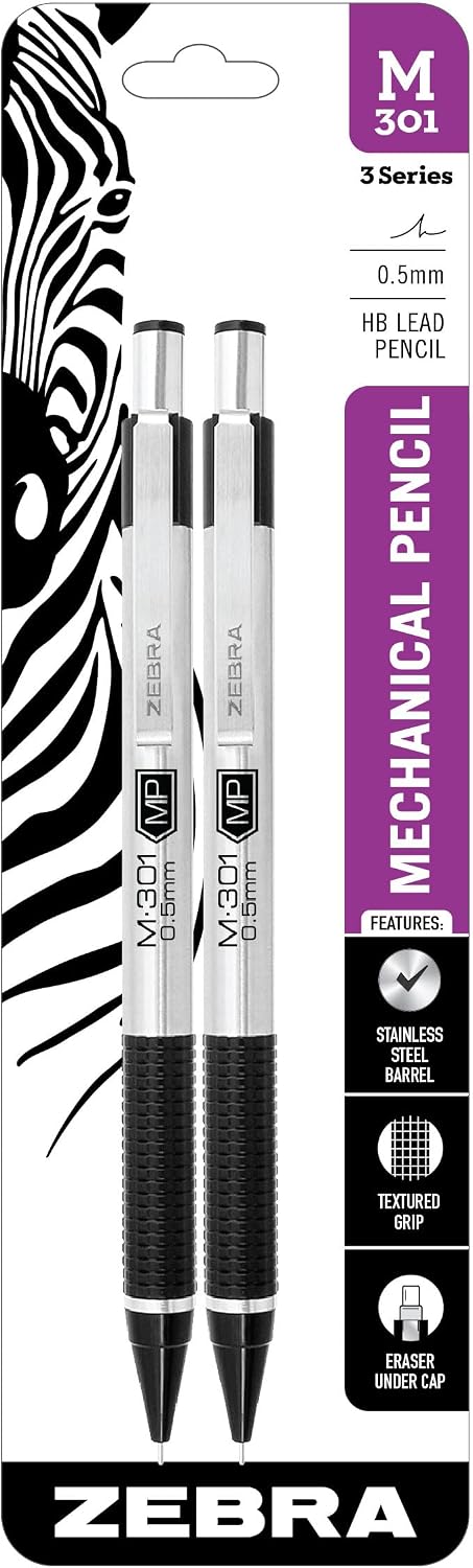 Zebra Pen STEEL M-301 Mechanical Pencil, 0.5mm Fine Point, 2-Pack