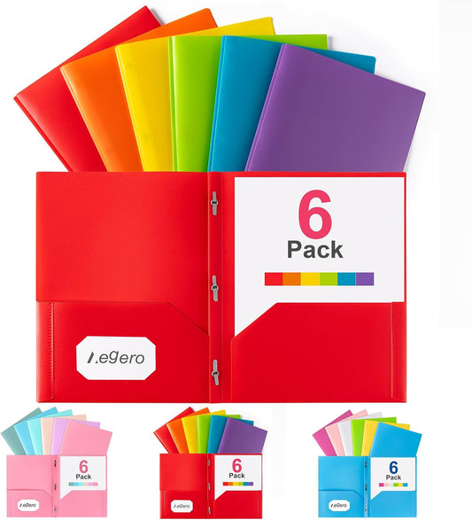 Aegero Folders with Pockets and Prong with Fasteners (6 Pack, Assorted Colors),Durable Plastic Pocket Folders with Prongs,Tear Resistant,2 Pocket 3 Prong Folders for Schoolwork & Office,Letter Size