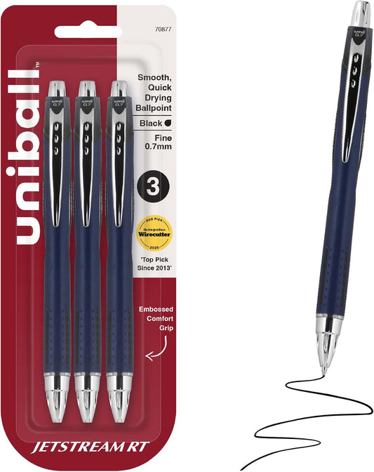 uniball™ Jetstream RT Ballpoint Pens, Black Ink, 0.7mm Fine Point, 3 Count