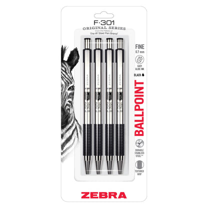 Zebra Pen STEEL F-301 Ballpoint Pen, Black, Blue, Red, Green, 0.7mm, 4-Pack