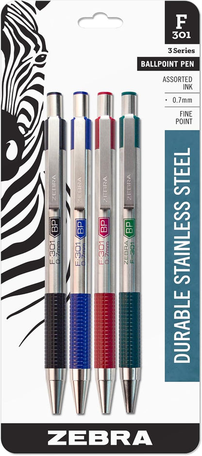 Zebra Pen STEEL F-301 Ballpoint Pen, Black, Blue, Red, Green, 0.7mm, 4-Pack