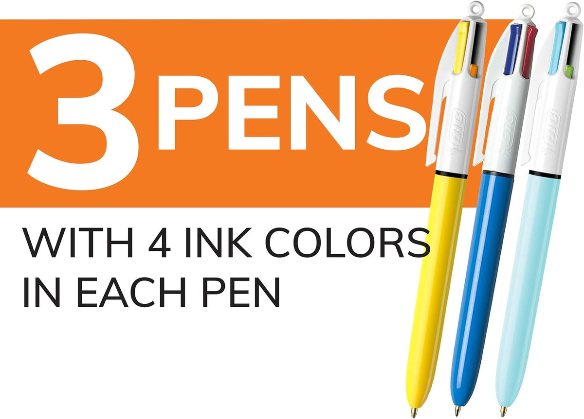 BIC 4-Color Retractable Ballpoint Pen, 3-Count Pack, Comfortable Grip
