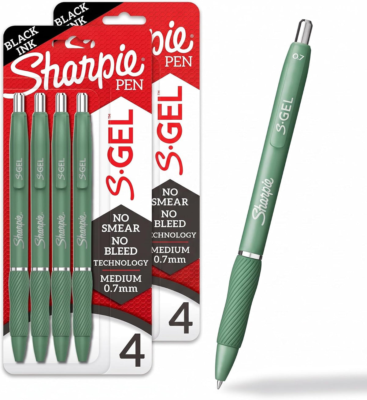 Sharpie S-Gel Gel Pens, Green Barrel, Black Ink, Medium Point (0.7mm), 4 Count - For Home, Office, College, Journaling, Drawing, Note-Taking, Writing