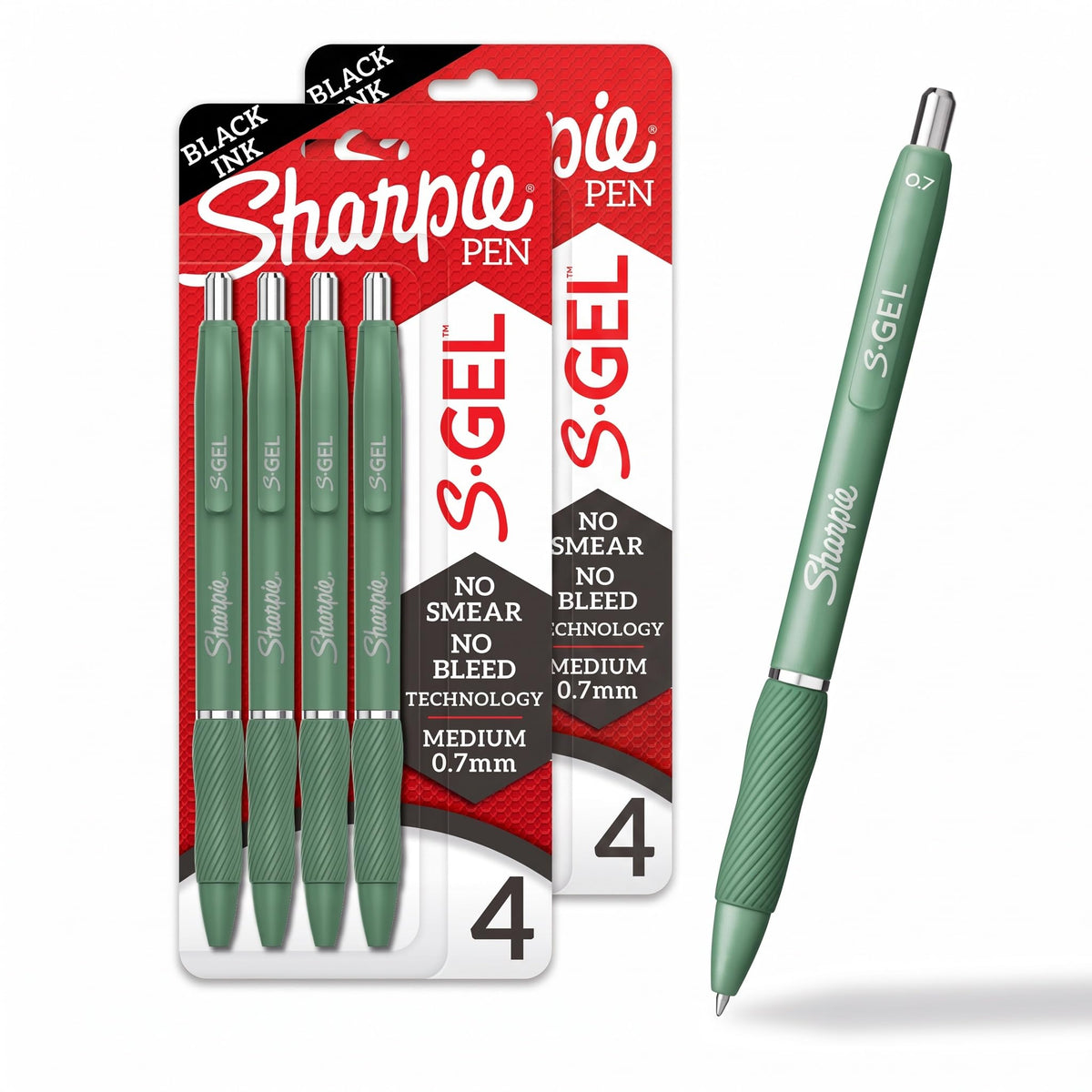 Sharpie S-Gel Gel Pens, Green Barrel, Black Ink, Medium Point (0.7mm), 4 Count - For Home, Office, College, Journaling, Drawing, Note-Taking, Writing
