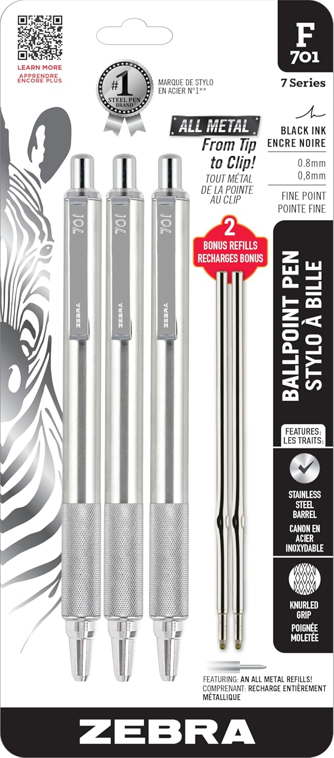 Zebra Pen STEEL F-701 Retractable Ballpoint Pen, Black Ink, 0.8mm, 3-Pack