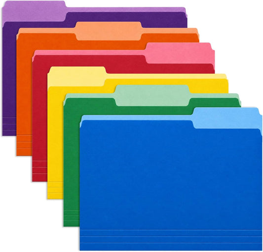 Colored File Folders, 6 Assorted Colors, Letter Size, 1/3 Cut Tabs, 18 Pack