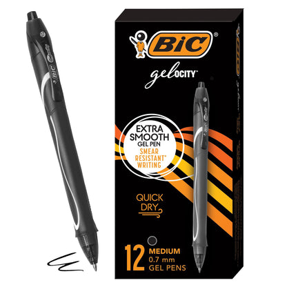 BIC Gelocity Quick Dry Black Gel Pens, Medium Point, 0.7 mm, 12-Count