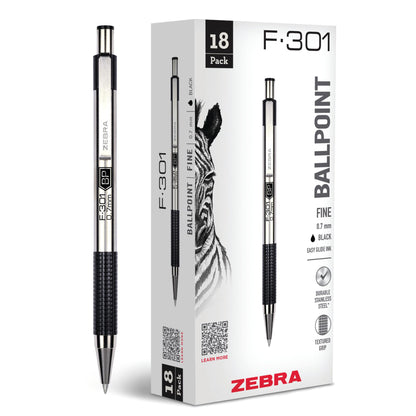 Zebra Pen STEEL F-301 Ballpoint Pen, Black, Blue, Red, Green, 0.7mm, 4-Pack