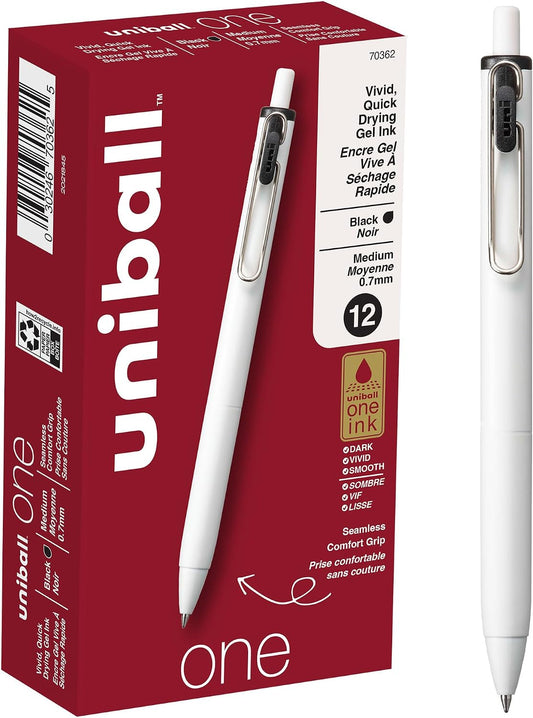 uniball™ one Retractable Gel Pens, Medium Point (0.7mm), Black Ink, 12 Pack