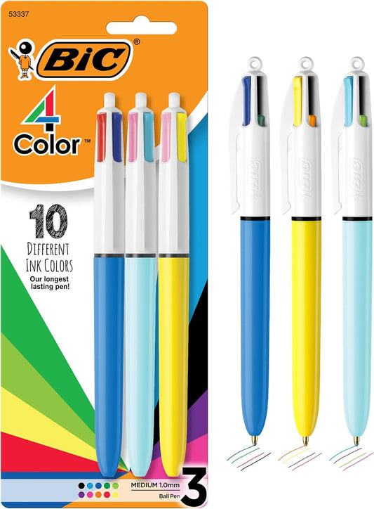 BIC 4-Color Retractable Ballpoint Pen, 3-Count Pack, Comfortable Grip