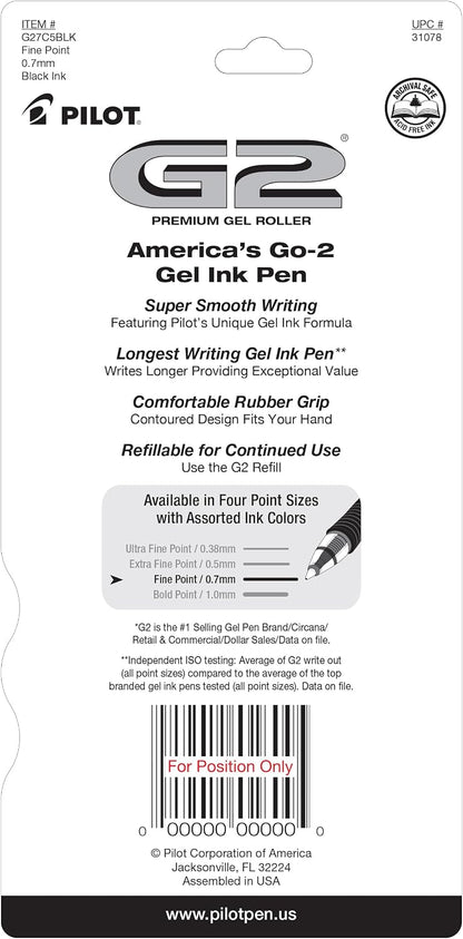PILOT G2 Premium Gel Pens, Fine Point 0.7mm, Black Ink, 5-Pack