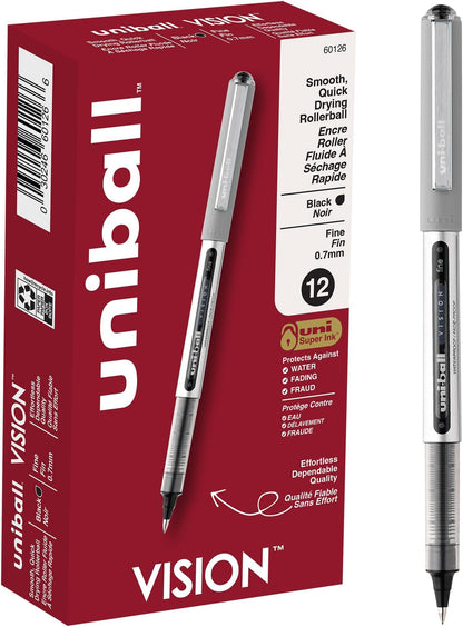 uni-ball Vision Stick Roller Ball Pens, Fine Point, Black Ink, Pack of 4