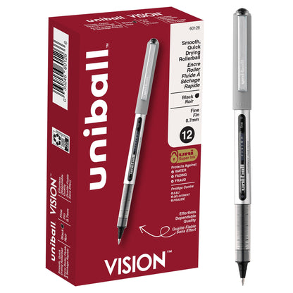 uni-ball Vision Stick Roller Ball Pens, Fine Point, Black Ink, Pack of 4
