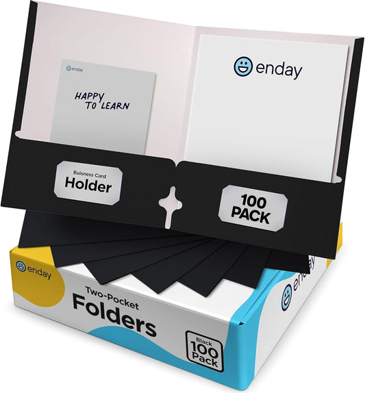 Black Paper Folders with Pockets (100 Pack) - Letter Size Two Pocket Folder Bulk, Premium Quality, Portfolio - by Enday
