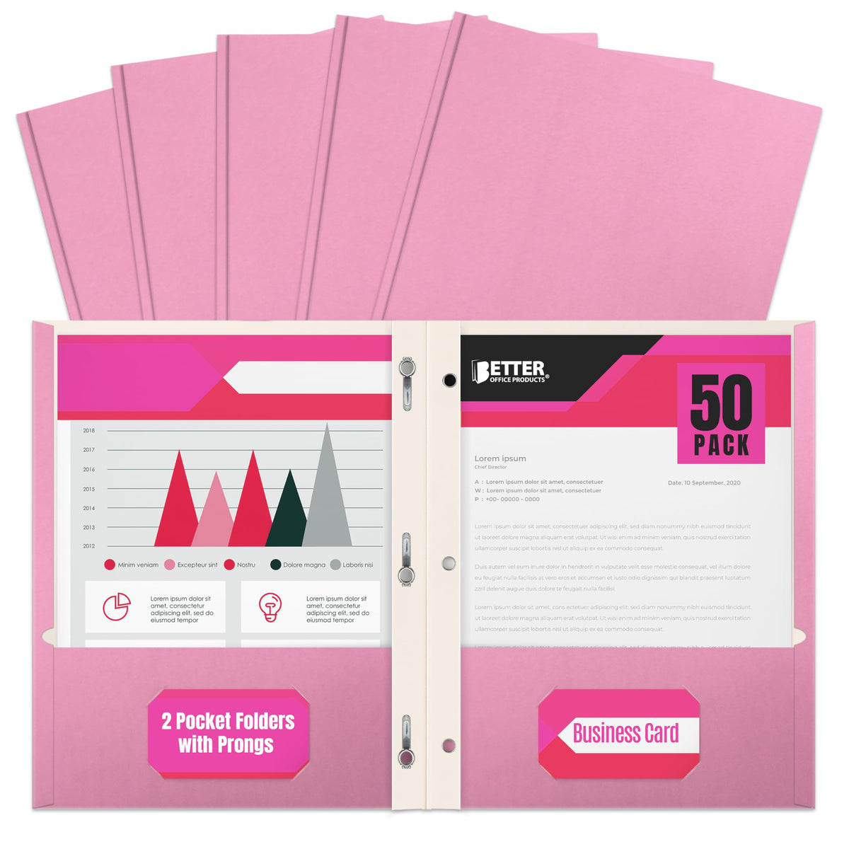 Better Office Products Plastic Folders, 50 Pack Red Paper Folders with Pockets & Folders with Prongs, Matte Texture, Letter Size, 3 Metal Prong Fastener Clips, Durable for Office, School, Filing