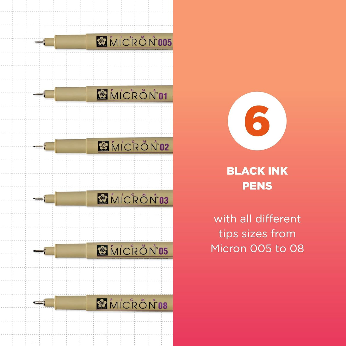 Sakura Pigma Micron Fineliner Pens, Black, Assorted Points - 6 Pack