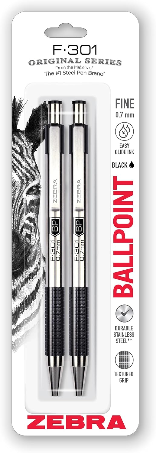 Zebra Pen STEEL F-301 Retractable Ballpoint Pen, Black Ink, 0.7mm, 2-Pack