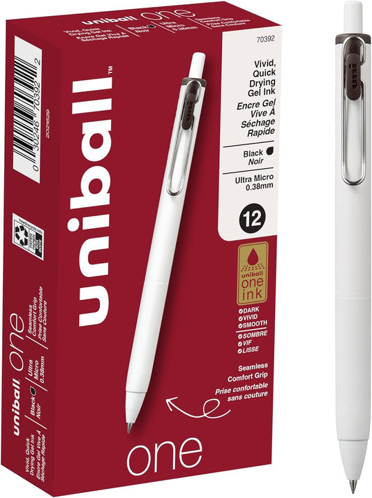 Uniball One Gel Pen 12 Pack; 0.38mm Ultra Micro Black Pens; Gel Ink Pens | Office Supplies Sold by Uniball are Pens; Ballpoint Pen; Colored Pens; Gel Pens; Fine Point; Smooth Writing Pens