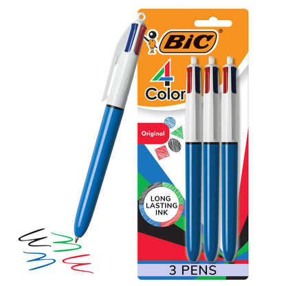 BIC 4-Color Retractable Ballpoint Pen, 3-Count Pack, Comfortable Grip