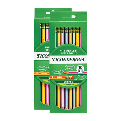 Ticonderoga X13910 Striped Wood-Cased Pencils, 2 HB Soft, Pre-Sharpened, 10 Count, Assorted Colors